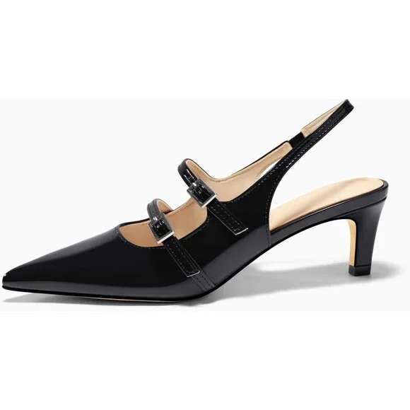 Women's Slingbak Ktiten Pumpe Closed Pointed Toe Heels Wedding Dress Shoe Black - Picture 4 of 6